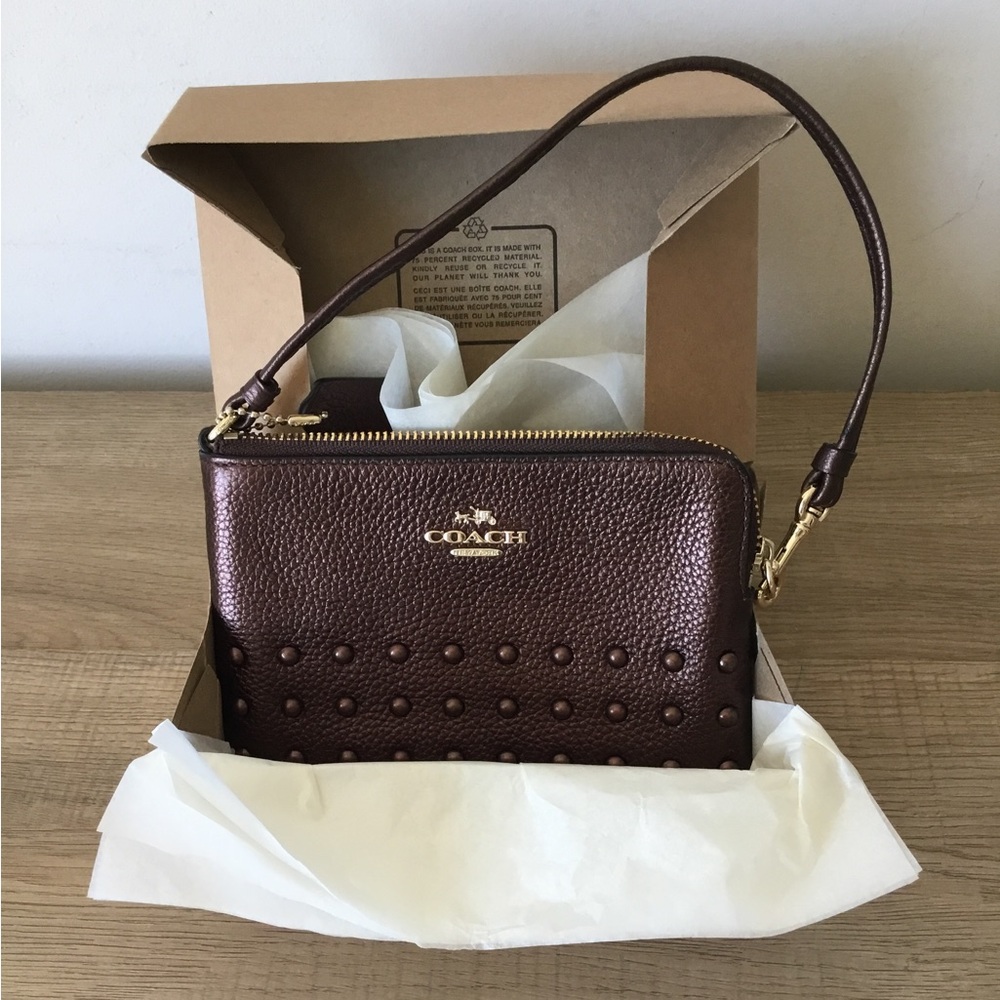 Coach Studded Pebbled Leather Corner Zip Wristlet w/Brown Lacquer Rivets in Box